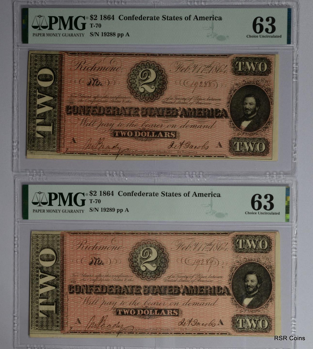 1864 $2 CSA T-70 PMG CERTIFIED 63 2 CONSECUTIVE NUMBERS NOTE SET! RARE! #12664