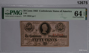 1863 50 CENT NOTE CONFEDERATE STATES OF AMERICA PMG CERTIFIED 64 EPQ WOW! #12675