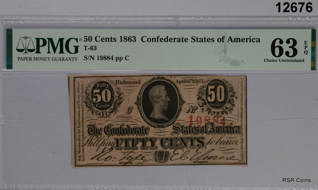 1863 50 CENT NOTE CONFEDERATE STATES OF AMERICA PMG CERTIFIED 63 EPQ NICE!#12676