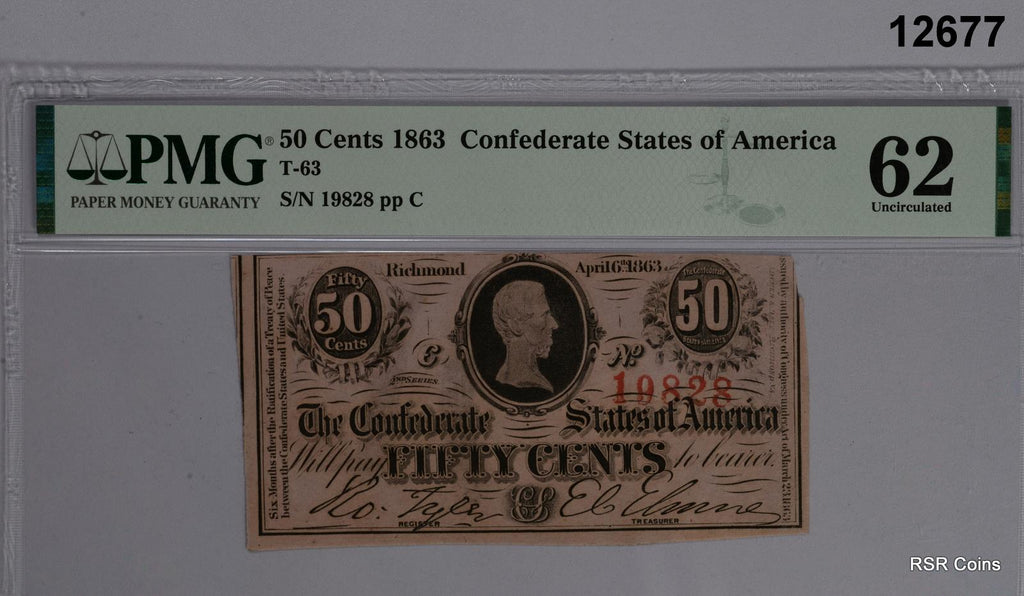 1863 50 CENT NOTE CONFEDERATE STATES OF AMERICA PMG CERTIFIED 62 NICE! #12677