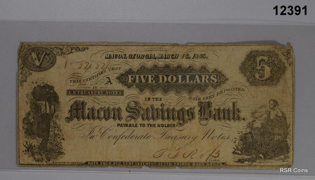1863 $5 MACON SAVINGS BANK MACON, GA NOTE C.S. TREASURY NOTE! #12391