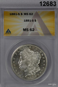 1881 S MORGAN SILVER DOLLAR ANACS CERTIFIED MS62 LOOKS BETTER & PL! #12683