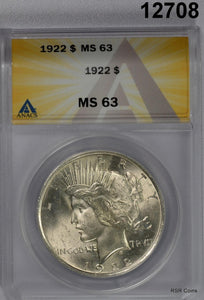 1922 PEACE SILVER DOLLAR ANACS CERTIFIED MS63 FLASHY FULLY STRUCK! #12708