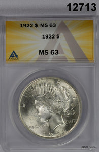 1922 PEACE SILVER DOLLAR ANACS CERTIFIED MS63 LOOKS BETTER FLASHY! #12713