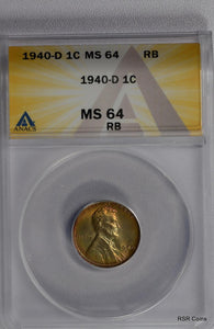 1940 D LINCOLN CENT ANACS CERTIFIED MS64 RB MULTI COLOR RAINBOW! #12747