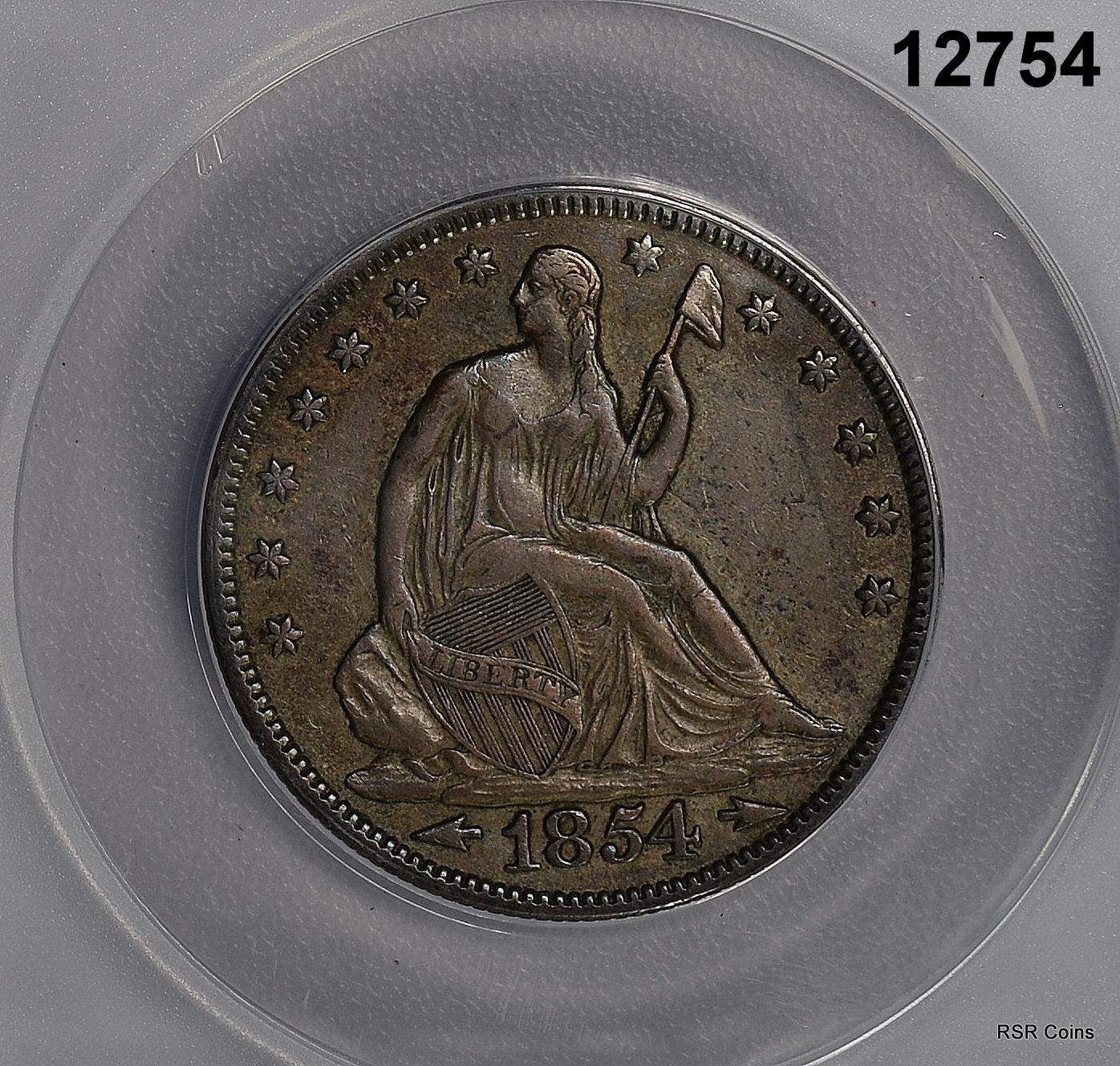 1854 SEATED LIBERTY HALF ANACS CERTIFIED VF35 GREEN GRAY COLOR! #12754