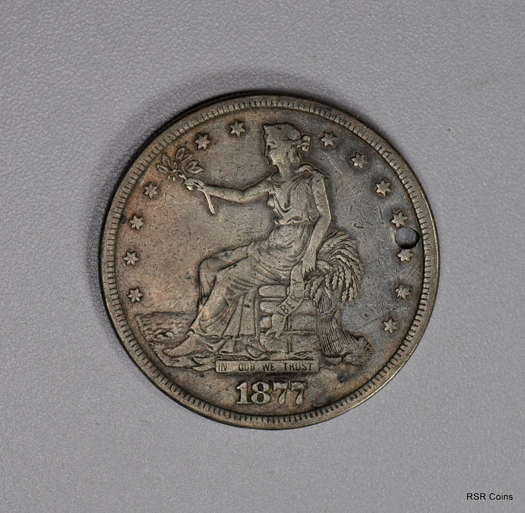 1877 S TRADE SILVER DOLLAR VF ONE HOLE DECENT #12811