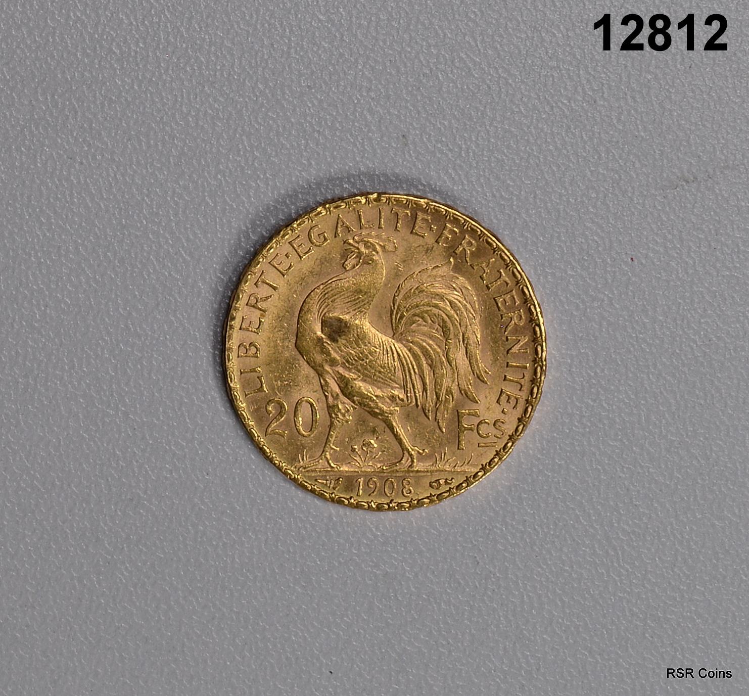 1908 FRENCH 20 FRANC BU GOLD ROOSTER! #12812