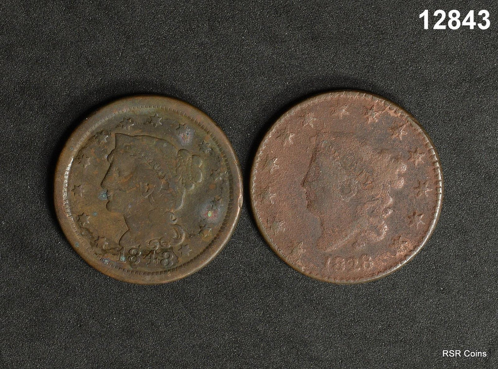 2 COIN LARGE CENTS: 1828 CORRODED, 1848 VF #12843