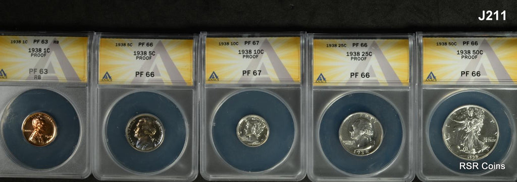 1938 ORIGINAL 5 COIN PROOF SET ANACS CERTIFIED PF63 TO 67 RARE EARLY SET! #J211