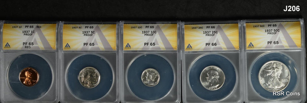 1937 ORIGINAL 5 COIN PROOF SET ANACS CERTIFIED PF65 TO 66 RARE EARLY SET! #J206