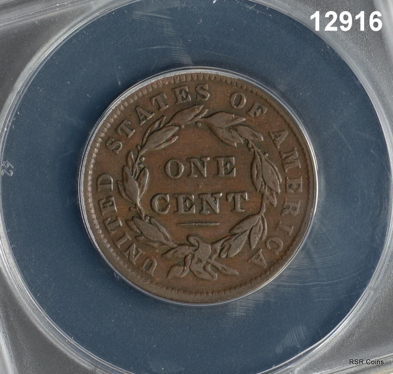 1838 LARGE CENT ANACS CERTIFIED VF25 NICE COLOR! #12916