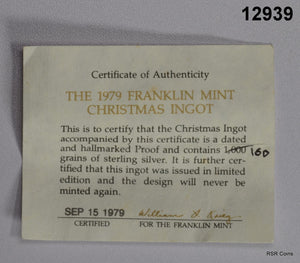 1979 FRANKLIN MINT STERLING SILVER CHRISTMAS 1979 INGOT BOX/COA #12939