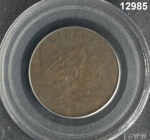 1794 LARGE CENT SECOND YEAR OF U.S. MINT PCGS CERTIFIED HEAD OF 1794 VF25 #12985