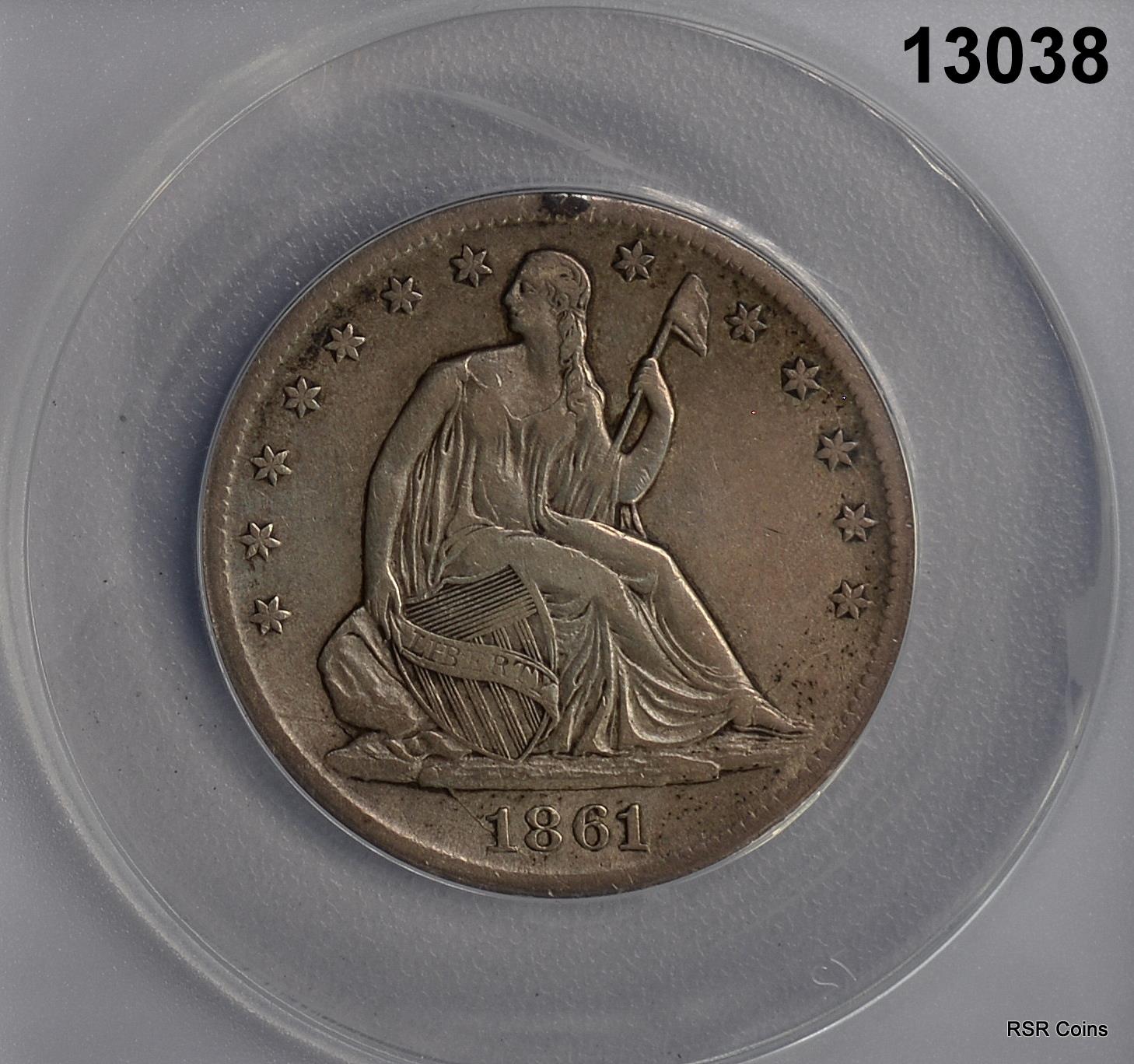1861 S SEATED HALF ANACS CERTIFIED VF20 CLEANED! #13038