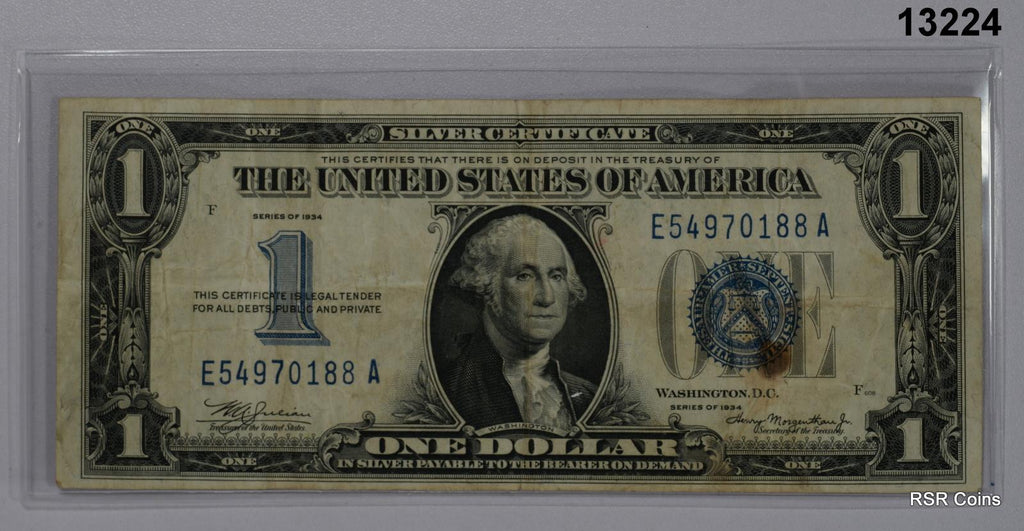 1934 $1 SILVER CERTIFICATE BLUE SEAL FUNNY BACK NOTE STAIN FAIRLY CRISP!! #13224