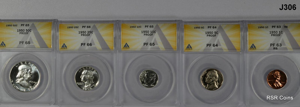 1950 ORIGINAL PROOF SET ANACS CERTIFIED PF63 RB TO PF66 5 COIN SET FLASHY! #J306