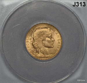 1914 FRANCE GOLD 20 FRANC ROOSTER RESTRIKE YEAR ANACS CERTIFED MS64 #J313