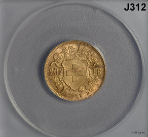 1927 B SWITZERLAND 20 FR GOLD ANACS CERTIFED MS64 .1867 AGW #J312