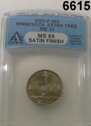 2005 WASHINGTON QUARTER MINNESOTA EXTRA TREE DIE 33 ANACS CERTIFIED MS69 #6615