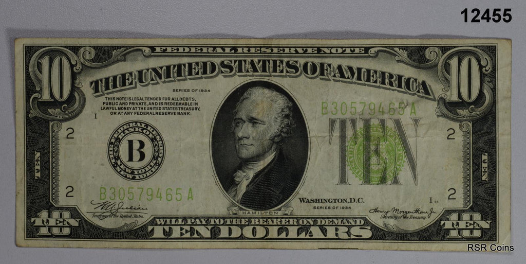 1934 $10 FEDERAL RESERVE NOTE LIGHT GREEN NEW YORK VF! #12455