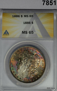 1886 MORGAN SILVER DOLLAR ANACS CERTIFIED MS65 RAINBOW OBVERSE! WOW!! #7851