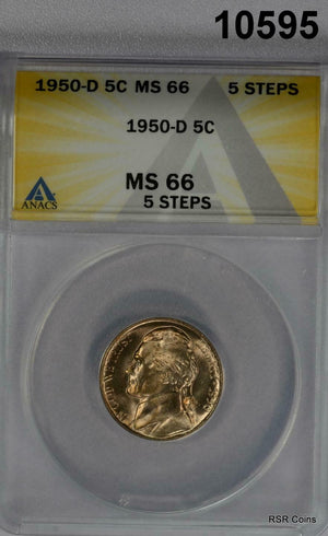 1950 D JEFFERSON NICKEL ANACS CERTIFIED MS-66 5 STEPS GOLD TONING WOW! #10595