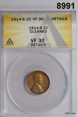 1914 S LINCOLN CENT ANACS CERTIFIED VF30 CLEANED #8991
