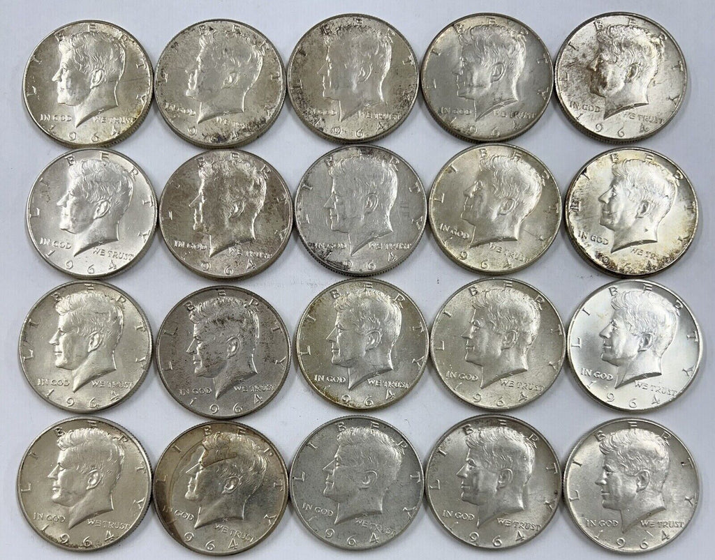 1964 Roll of (20) Kennedy Half Dollars  - $10 Face Value, 90% Bullion Silver .