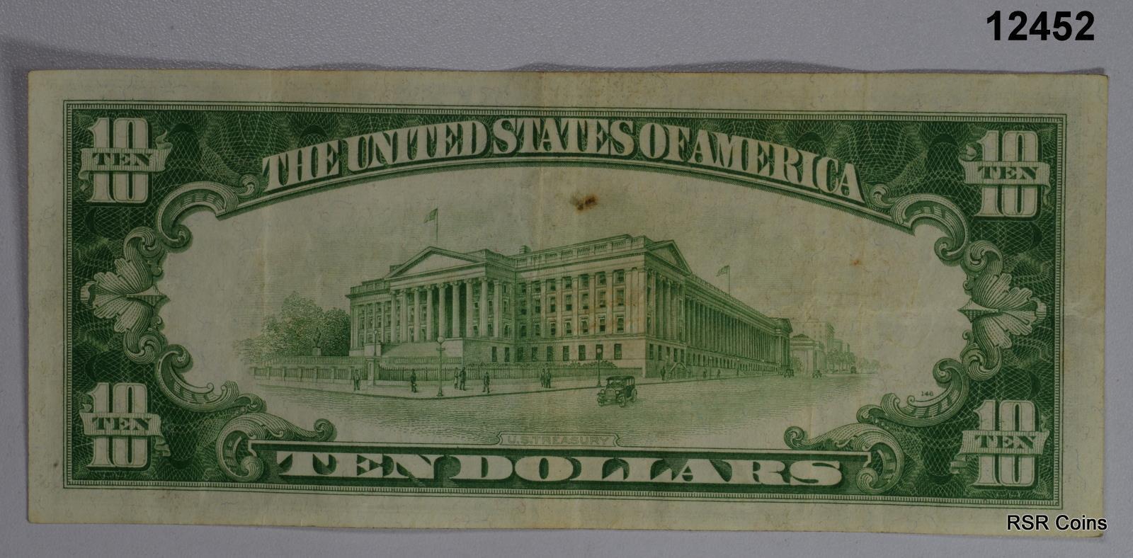 1934 $10 FEDERAL RESERVE NOTE BOSTON LIGHT GREEN VF++! #12452