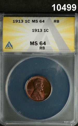 1913 LINCOLN CENT ANACS CERTIFIED MS64 RB LOOK BETTER!! #10499
