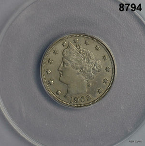 1902 LIBERTY NICKEL  ANACS CERTIFIED AU55 CLEANED #8794