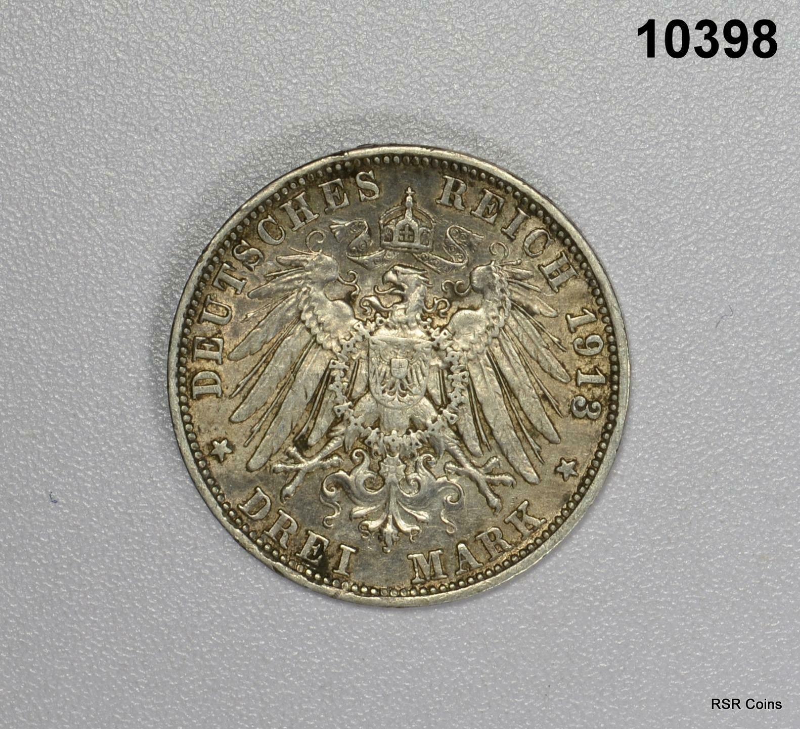 1913 D GERMAN STATES OTTO KING OF BAVARIA 3 MARK SILVER COIN #10398