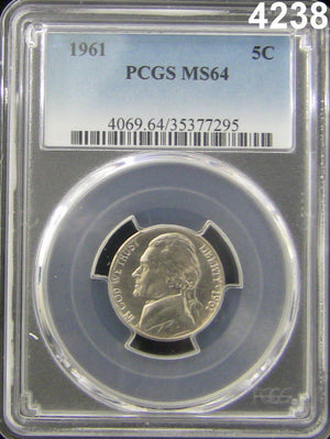 1961 JEFFERSON NICKEL PCGS CERTIFIED MS 64 CLOSE TO FULL STEPS WORTH $1450 #4238