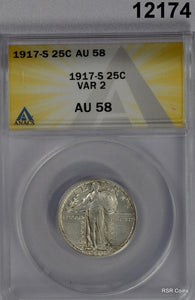1917 S STANDING QUARTER VARIETY 2 ANACS CERTIFIED AU58 WOW! #12174