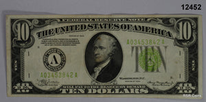 1934 $10 FEDERAL RESERVE NOTE BOSTON LIGHT GREEN VF++! #12452