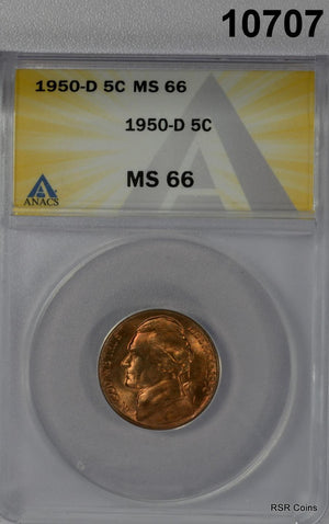 1950 D JEFFERSON NICKEL "ORANGE" ANACS CERTIFIED MS66 WOW! #10707