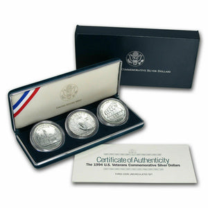 1994 3-Coin U.S. Veterans Set CHOICE BU SILVER DOLLAR SET (w/Box & COA) #9836