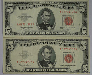 LOT OF 2- 1963 $5 US NOTE RED SEAL VF+!! #10648