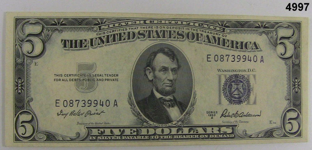 1953 A SILVER CERTIFICATE BLUE SEAL $5 NOTE CRISP AU++ #4997