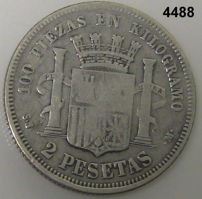 1869 SPAIN 2 PESETAS SILVER SCARCE! #4488