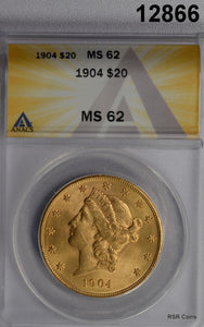1904 $20 GOLD LIBERTY ANACS CERTIFIED MS62 LOOKS BETTER! #12866