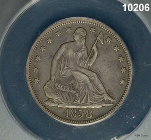 1858 SEATED HALF DOLLAR ANACS CERTIFIED EF40 ORIGINAL! #10206