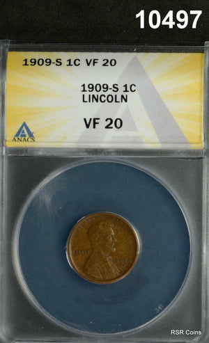 1909 S LINCOLN CENT ANACS CERTIFIED VF20 ORIGINAL!! #10497