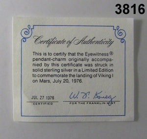 VINTAGE 1976 STERLING SILVER FRANKLIN MINT VIKING I PENDANT W/ BOX & CHAIN #3816