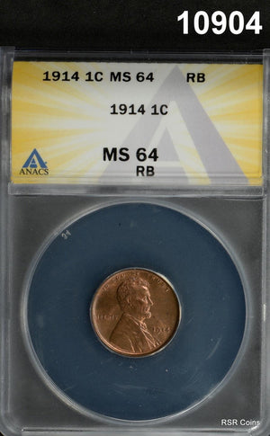 1914 LINCOLN CENT ANACS CERTIFIED MS64 RB TOUGH EARLY LINCOLN #10904