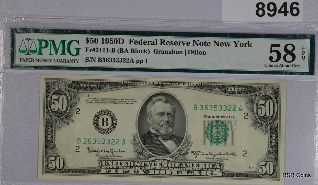 $50 1950 D FEDERAL RESERVE NOTE NEW YORK FR#2111-B PMG CERTIFIED 58 EPQ #8946