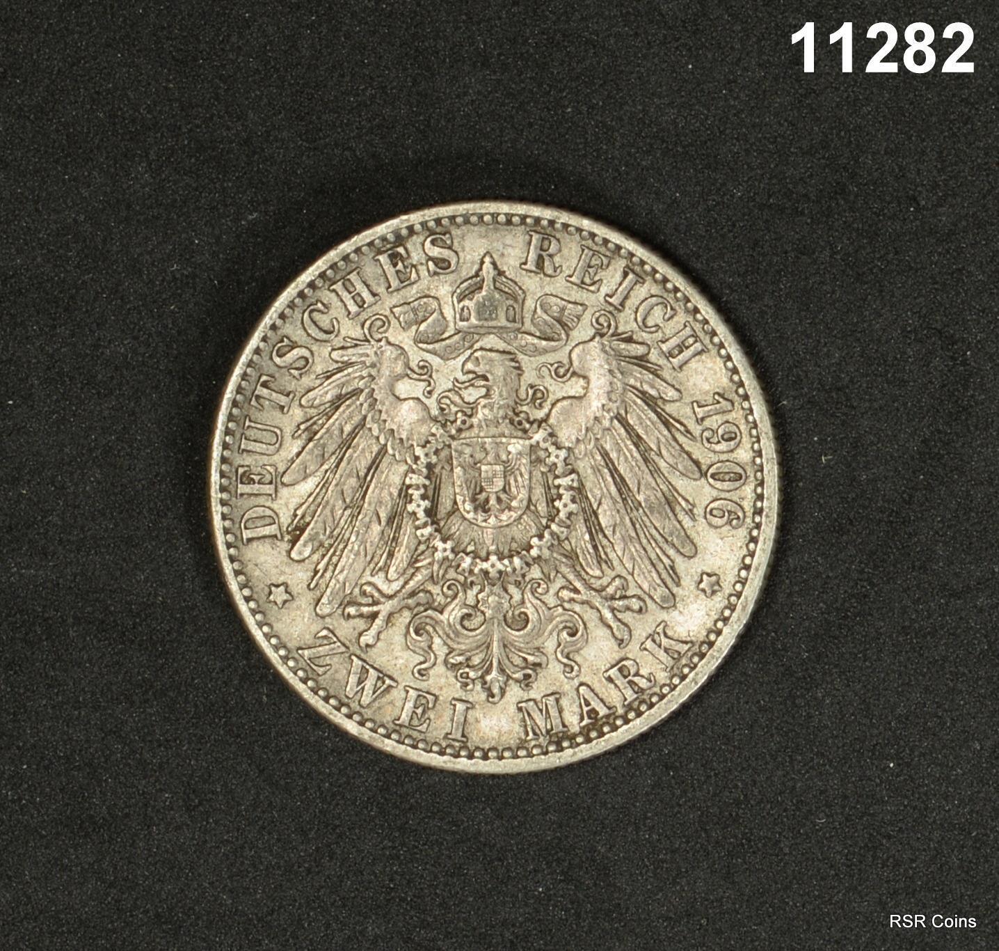 WUERTTEMBERG (GERMAN STATE) 2 MARK 1906F SILVER WILHELM II VF #11282