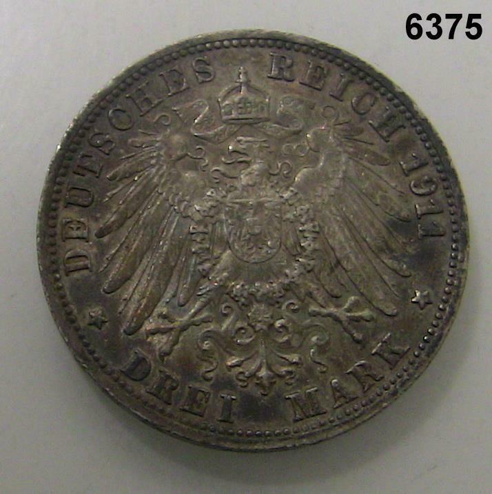 1911 KINGDOM OF WURTTEMBERG WILHELM II 3 MARK SILVER AU++! #6375