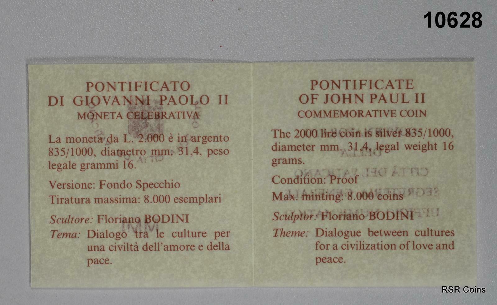VATICAN 2000 LIRA 2001 SILVER PROOF JOHN PAUL II DIALOG FOR PEACE #10628